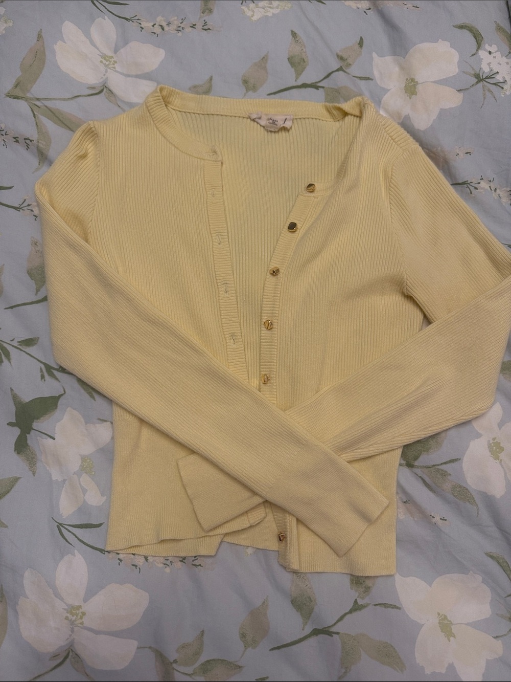 Marled Pale Yellow Ribbed Button Cardigan
